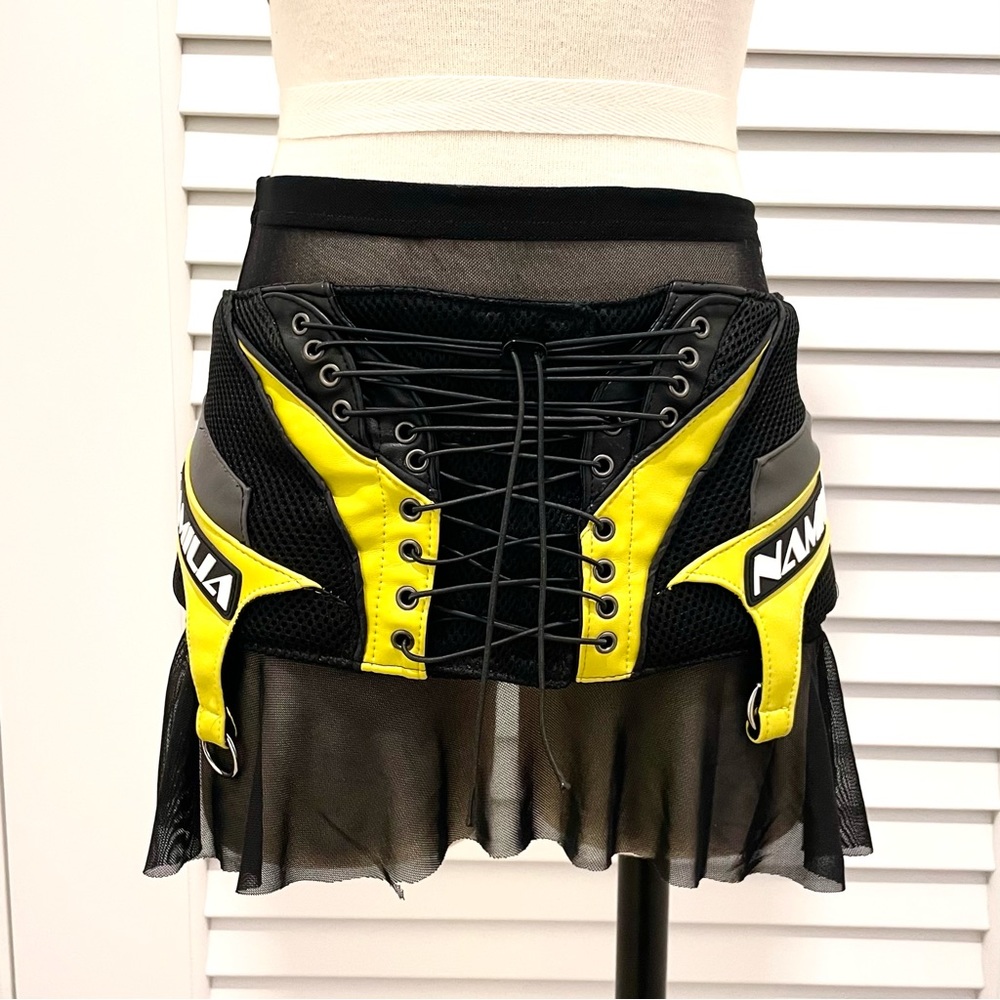 Namilia black and yellow faux leather moto micro miniskirt